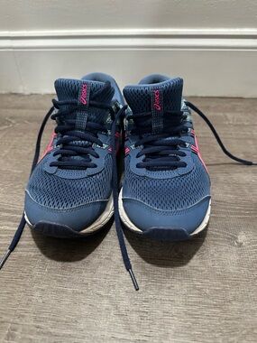 ASICS Womens Navy Blue Athletic Sneakers with Pink Accent